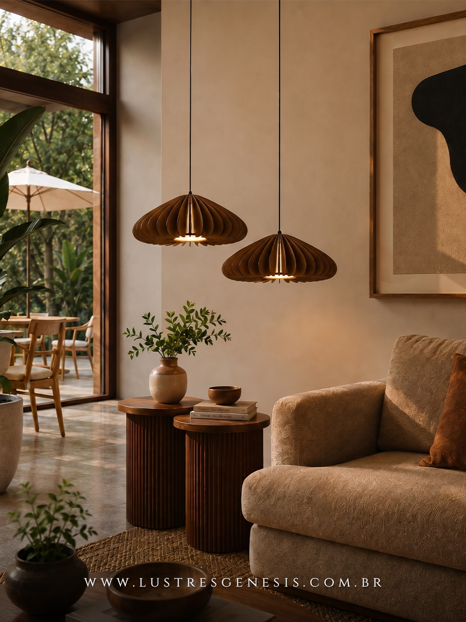 Luminaria de Teto Pendente Madeira LMC433 E27 Ø44cm, Mesa Area Gourmet, Sala de Estar, Mesa Sala de Jantar